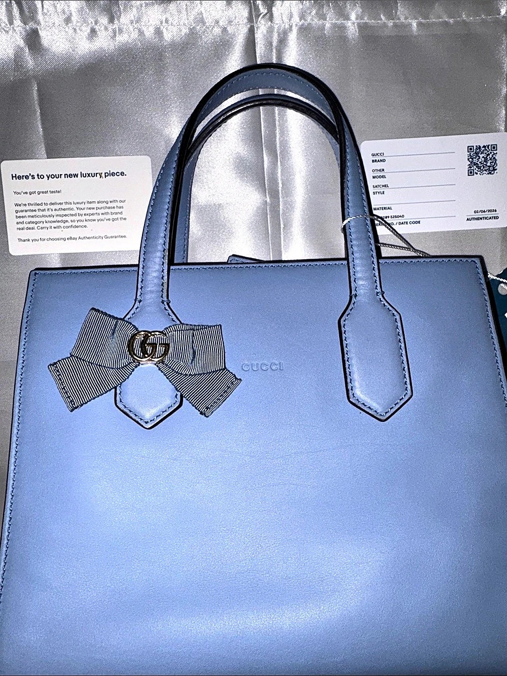 NWOT RARE Gucci GG Ribbon Leather Tote Handbag Blue Leather